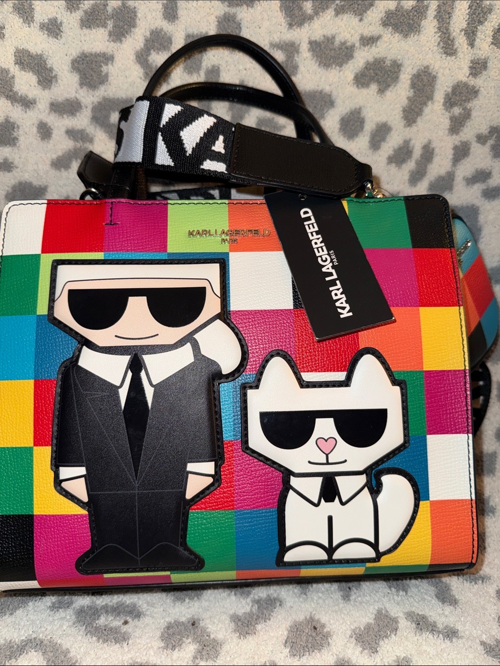 Karl Lagerfeld Multicolor Checkered Tote Karl & Choupette Cartoon Appliqués NWT🔥
